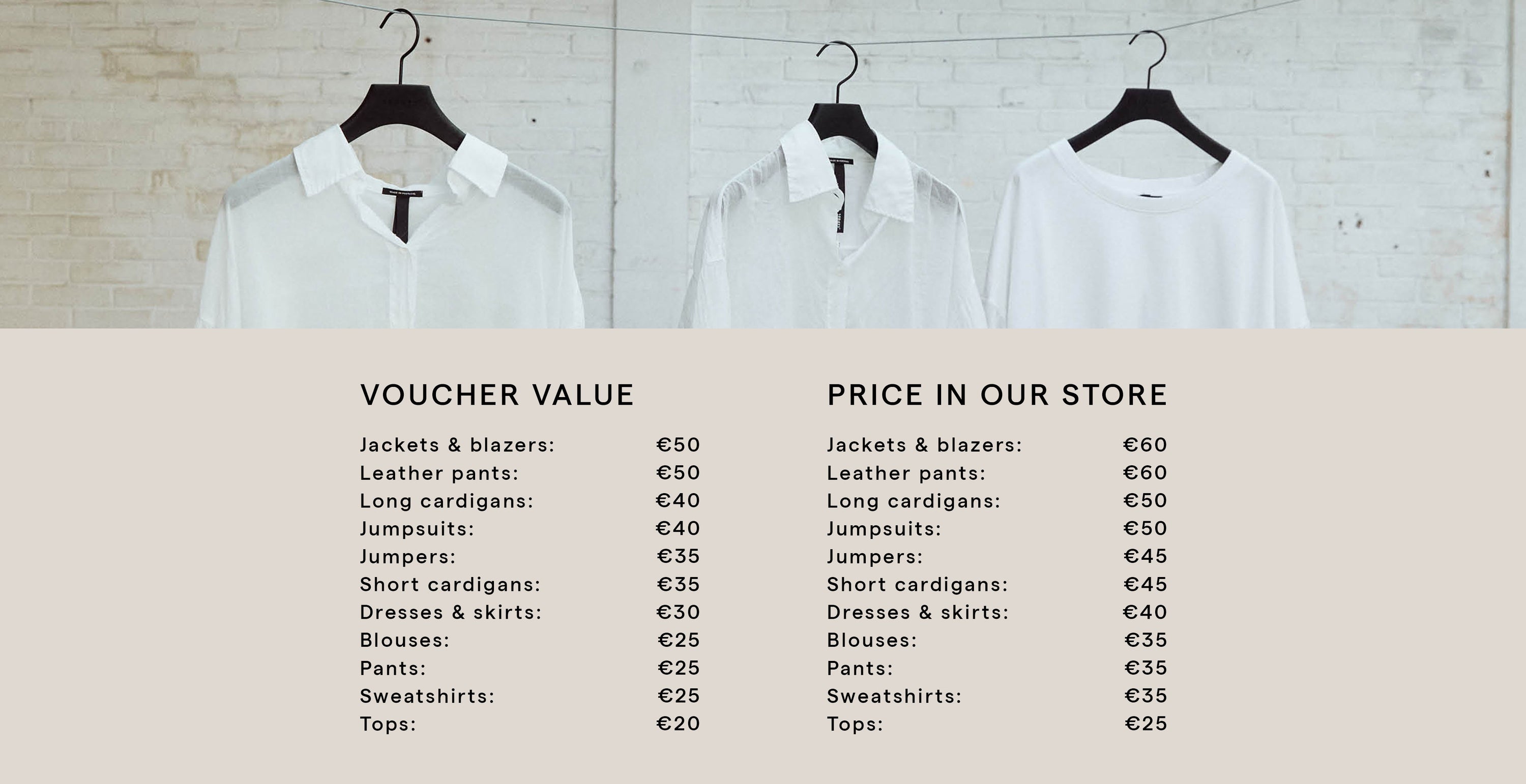 white blouses on hangers with the voucher values of 10DAYS for Good