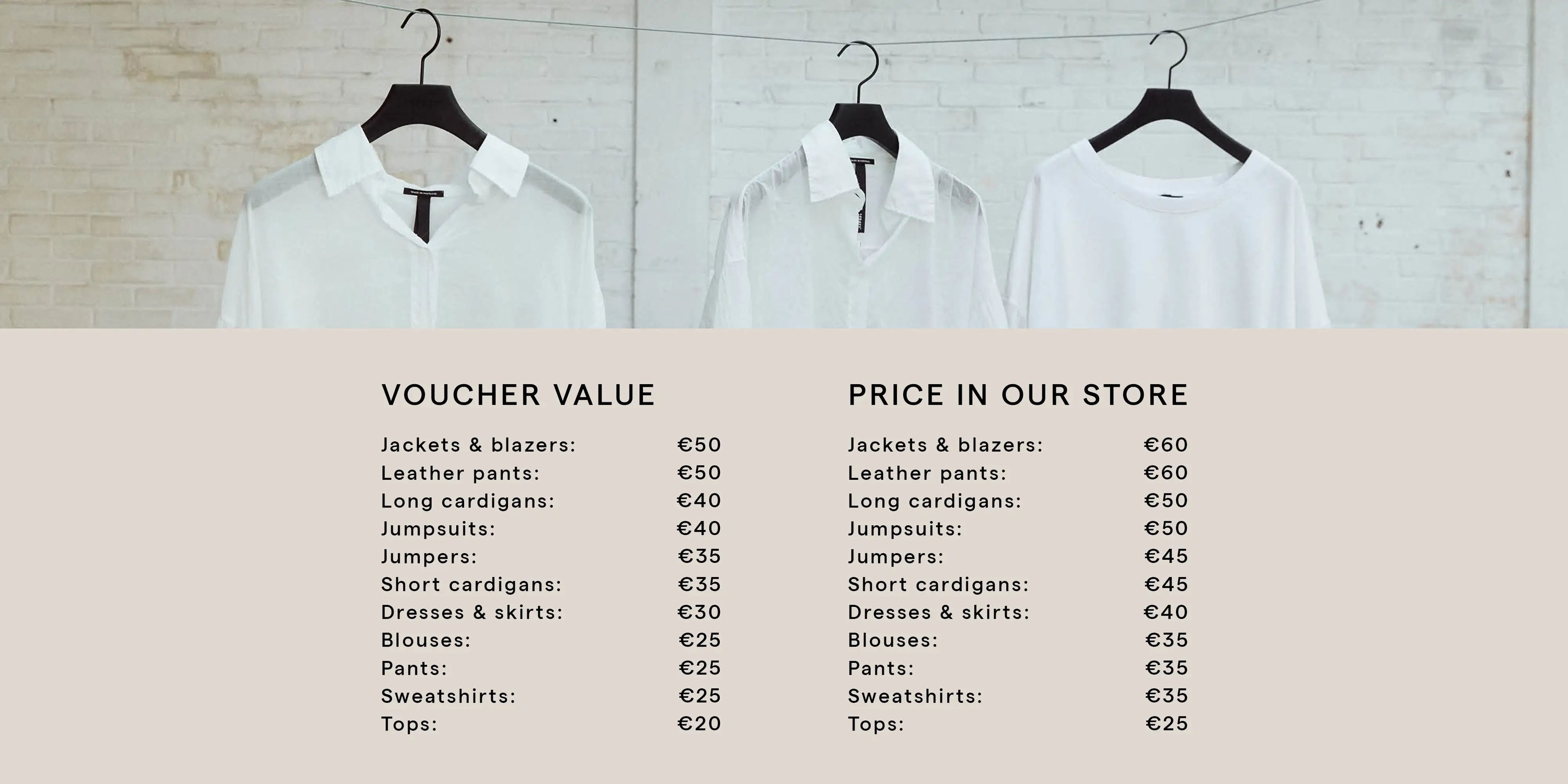 white blouses on hangers with the voucher values of 10DAYS for Good