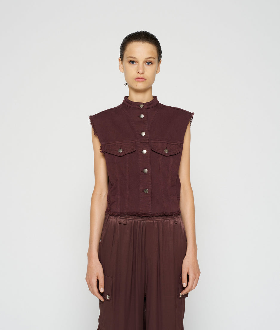 cropped twill gilet | aubergine