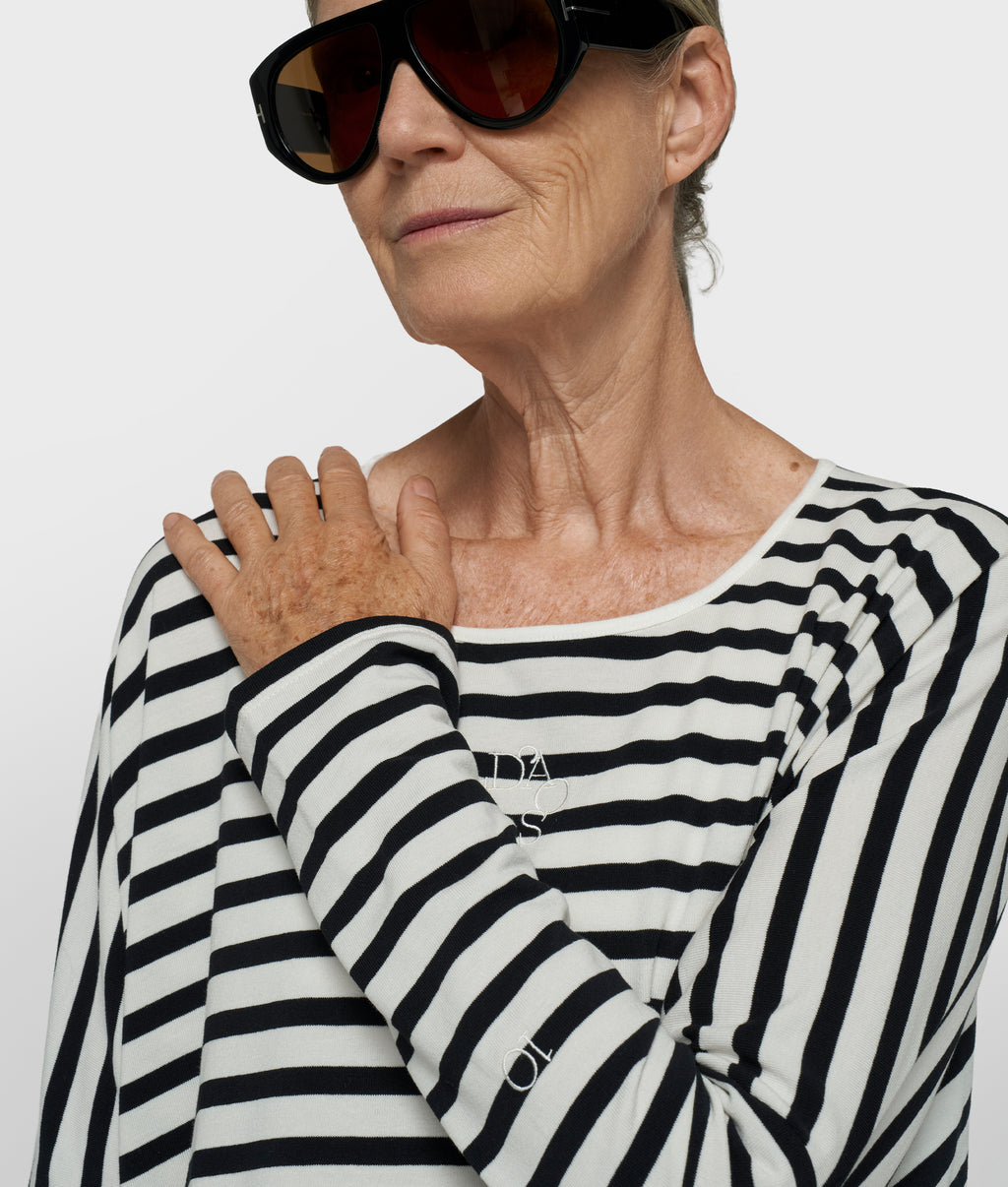 gestreept modal T-shirt met lange mouwen | ecru/black